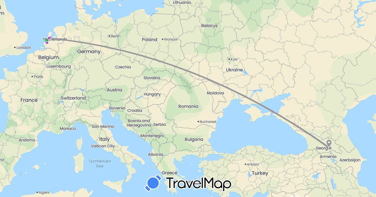TravelMap itinerary: driving, bus, plane, train in Georgia, Netherlands (Asia, Europe)